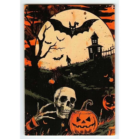 Vintage Halloween Postcard with Skull, Pumpkin & Haunted House Scene - Picture 1 of 2